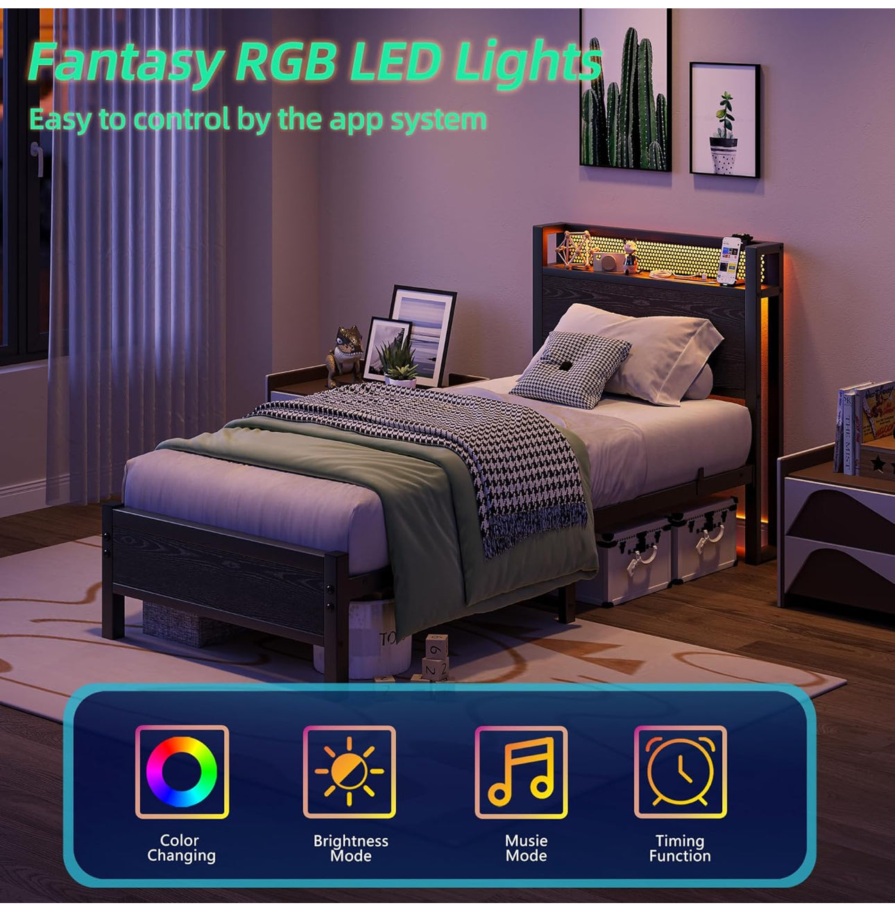 Single Bed Frame with Storage Headboard Shelf,LED Lights,3ft Metal Bed Frame Single Bed with Charging Station