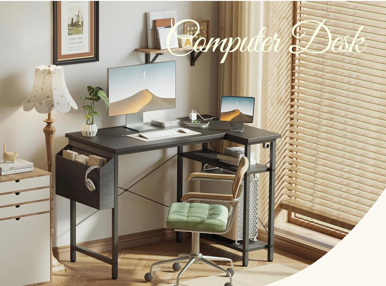 L Shaped Desk with Power Outlets,100 cm L Computer Corner Desks with Reversible Shelves