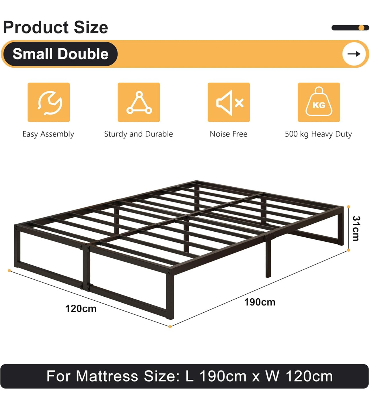 Small Double Bed Frame 120x190 cm Metal Platform Bed Small Double with Steel Slat Support