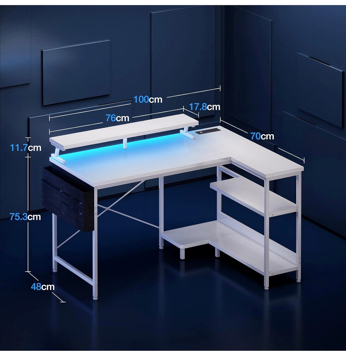 L Shaped Gaming Desk with LED Lights & Power Outlet, 100x70 cm
