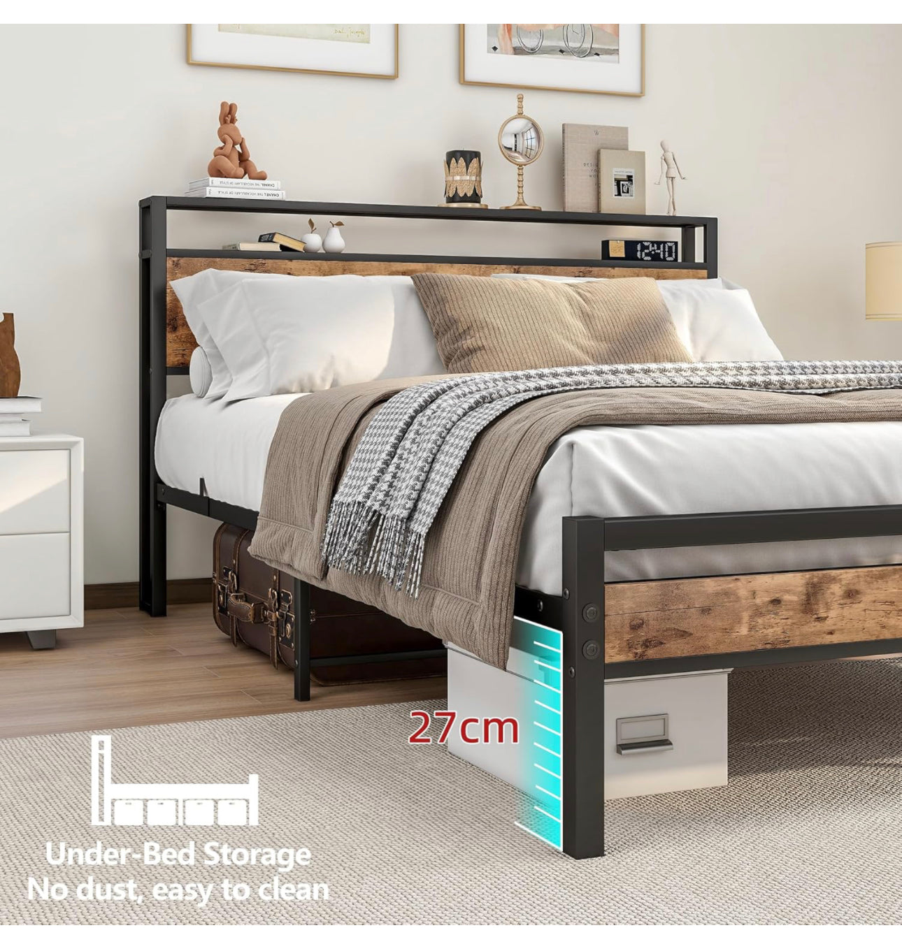 King Size Bed Frame with Storage Wooden Headboard
