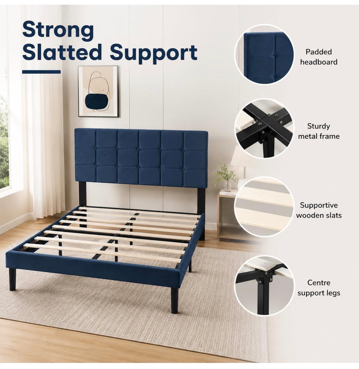 4ft Small Double Bed Frame with Velvet Upholstered Headboard, Blue
Upholstered, Solid slats Support, No Box Spring Needed, Easy Assembly,Underbed Storage,ideal for bedrooms, apartments