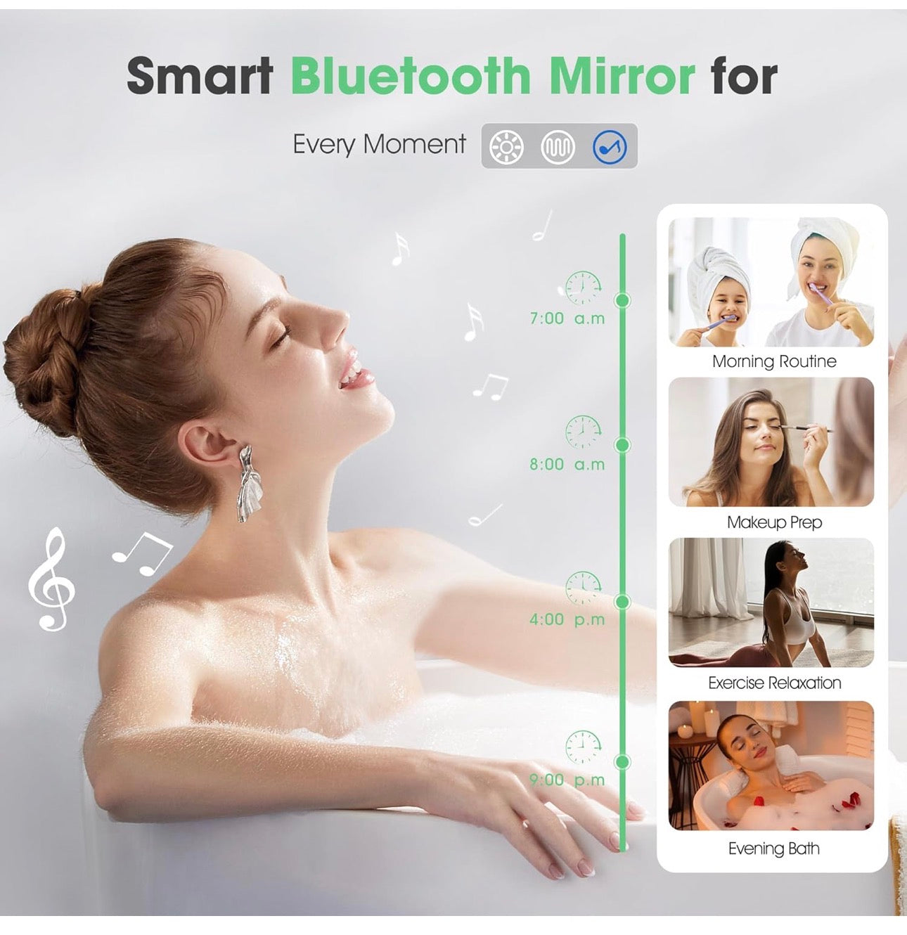 Oval Bluetooth Bathroom Mirror with LED Lights 500x800mm, Anti-Fog, LED Bathroom Mirror with Memory, 3000K-6500K, Dimmable, HD Tempered Glass, IP44 Waterproof, Horizontal or Vertical