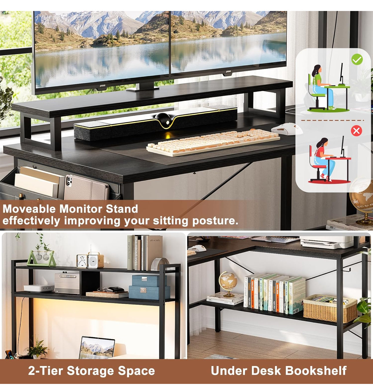 L Shaped Gaming Desk with Power Outlets & LED Lights