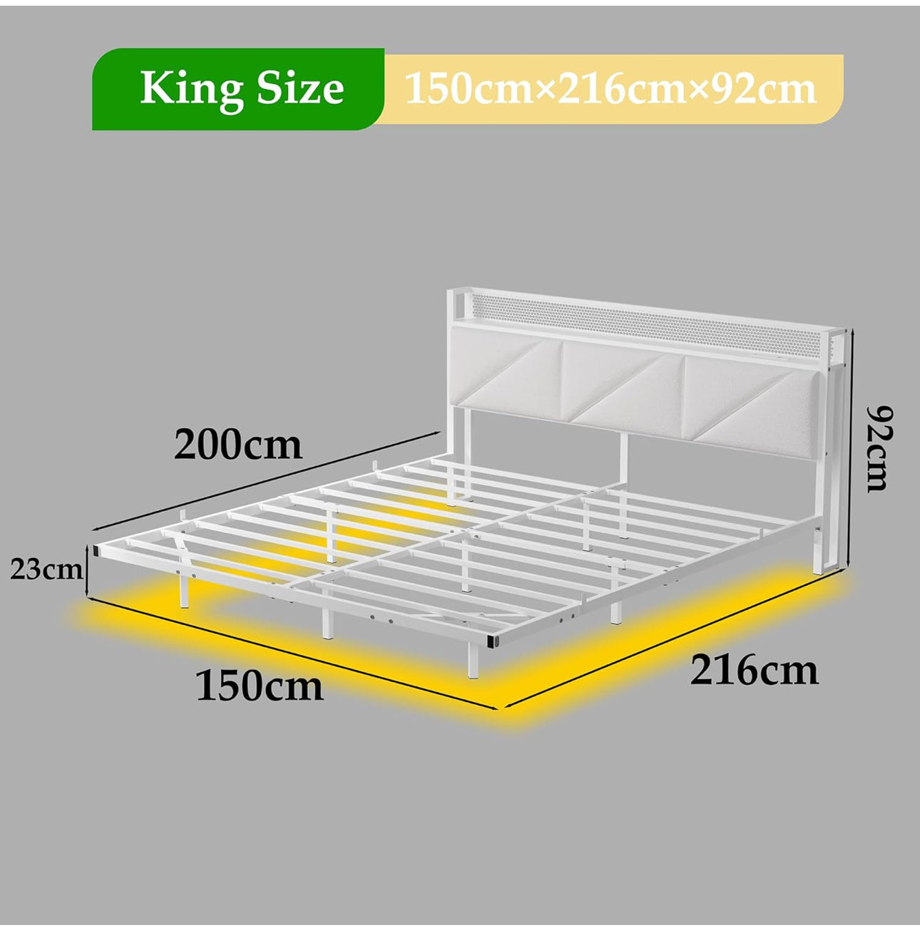 Floating King Bed Frame with LED Lights & USB Charging