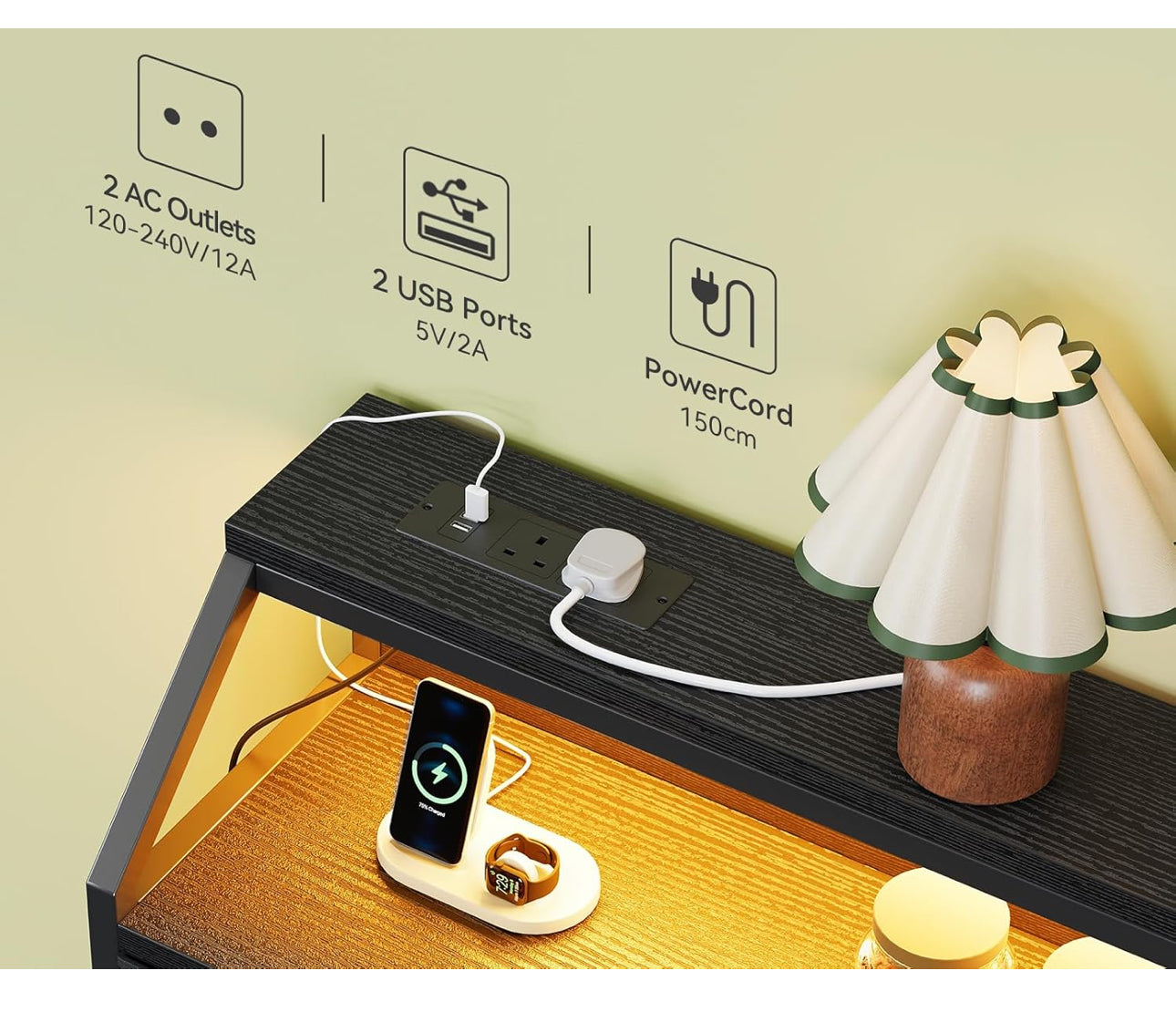 Black Chest of Drawers Bedroom with 9 Fabric Drawers, Storage Dresser with 2 Sockets 2 USB Ports and LED Light