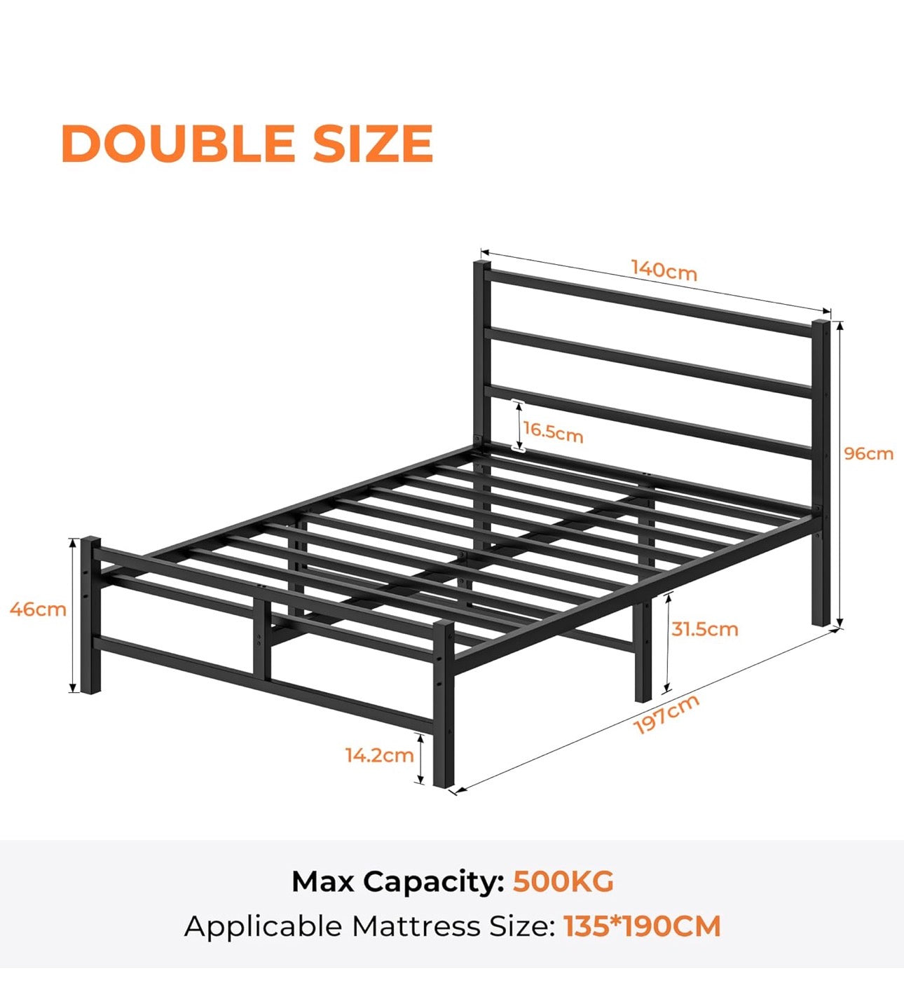 Double Bed Frame, 4ft6 All Metal Slats Support Platform Bed Frame with Under-Bed Storage Space, Easy Assembly, Noise Free, No Box Spring Needed, Black