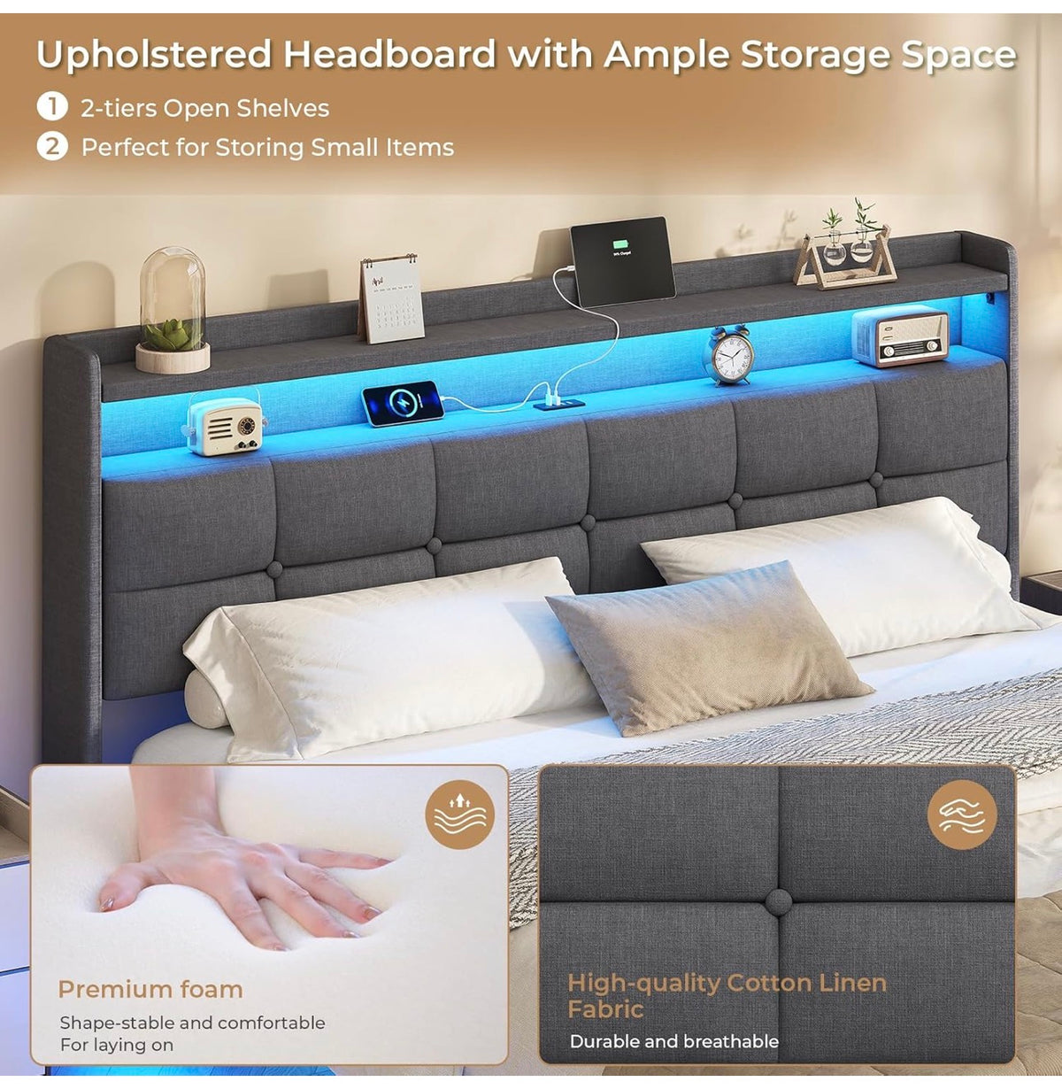 4ft6 Floating Double Bed Frame 135×190CM with LED Lights & Charging Station, Metal Platform Bed frame with Upholstered Headboard, Easy Assembly,Noise Free,No Box Spring Needed,Dark Gray Linen