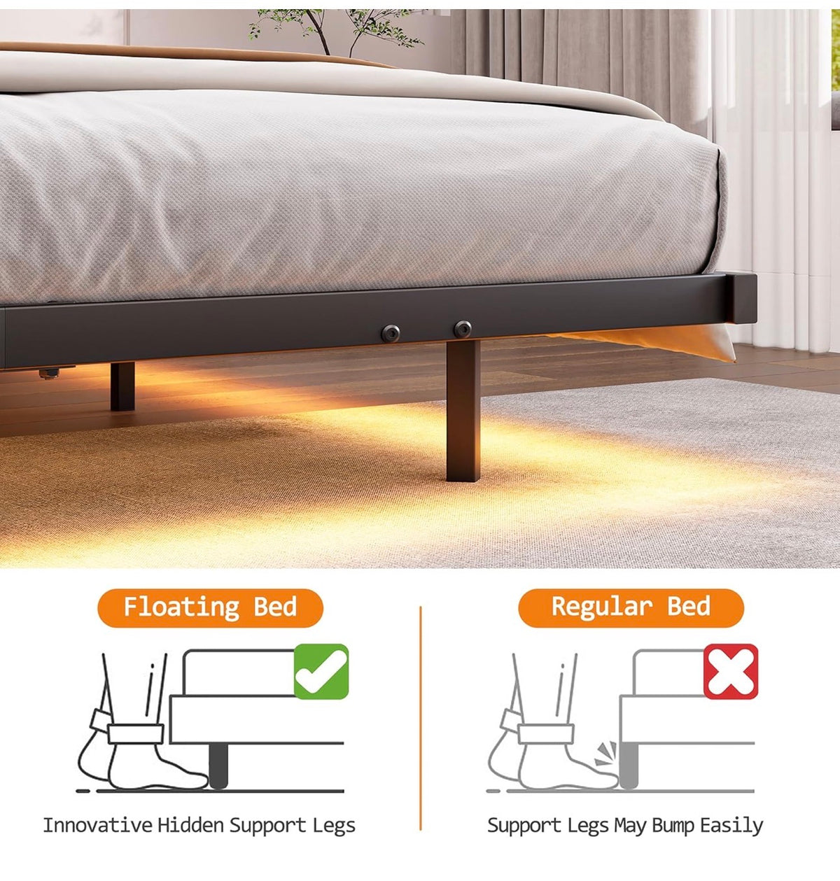 4ft6 Upholstered Floating Double Bed Frame Black, Storage Headboard
Metal Bed Frame with LED Lights and Charging Station, Heavy Duty Metal Slat Support, Noise Free, No Box Spring Needed
