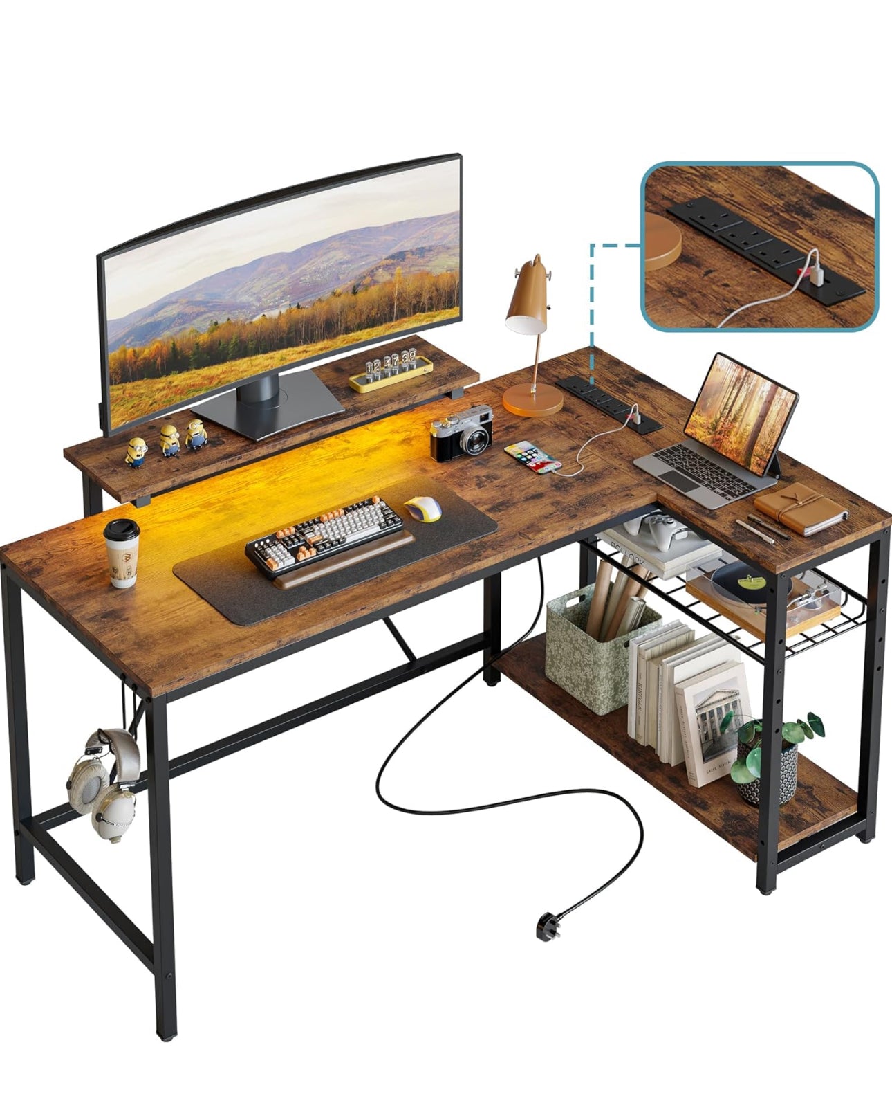 L Shaped Desk with Power Outlets & LED Lights