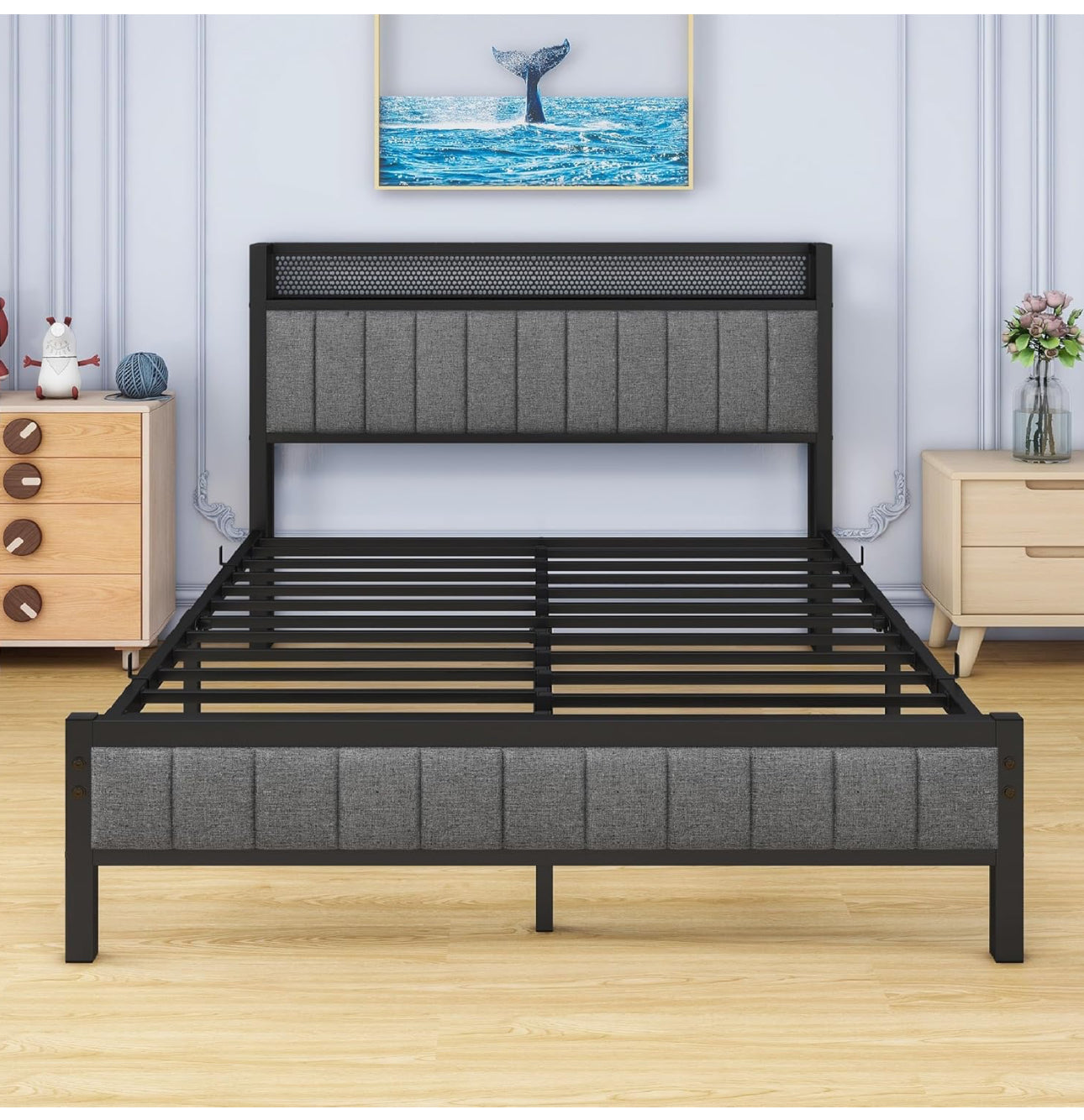 Double Bed Frame with Wooden Storage Headboard