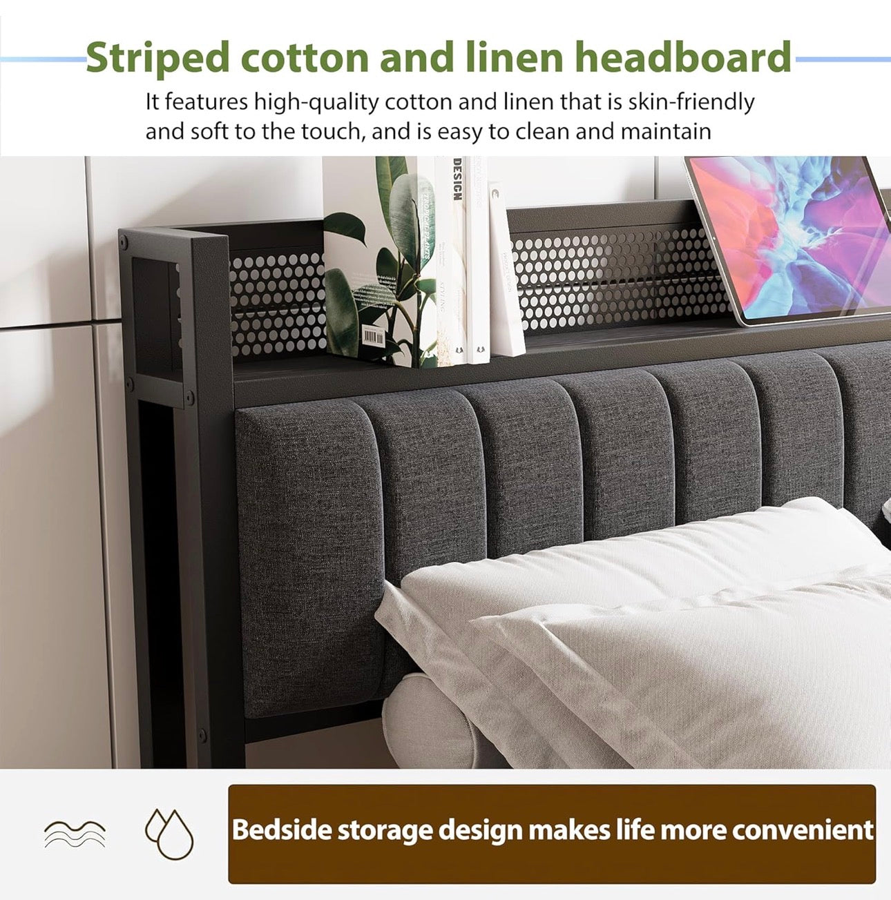 King Size Bed Frame with Storage Upholstered Headboard Shelf,5ft