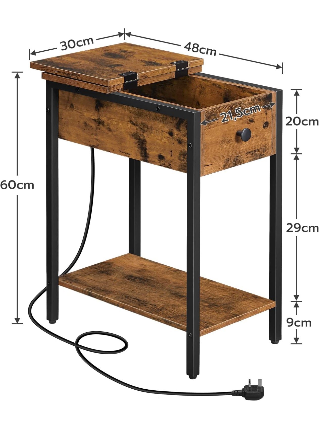 Narrow Side Table, Slim Bedside Table with Charging Station