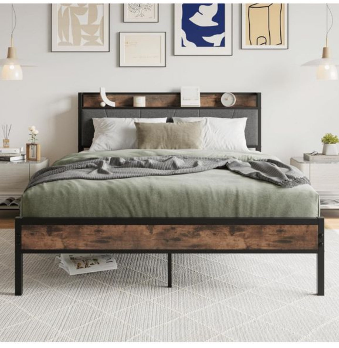 King Size Bed Frame with Wooden Storage