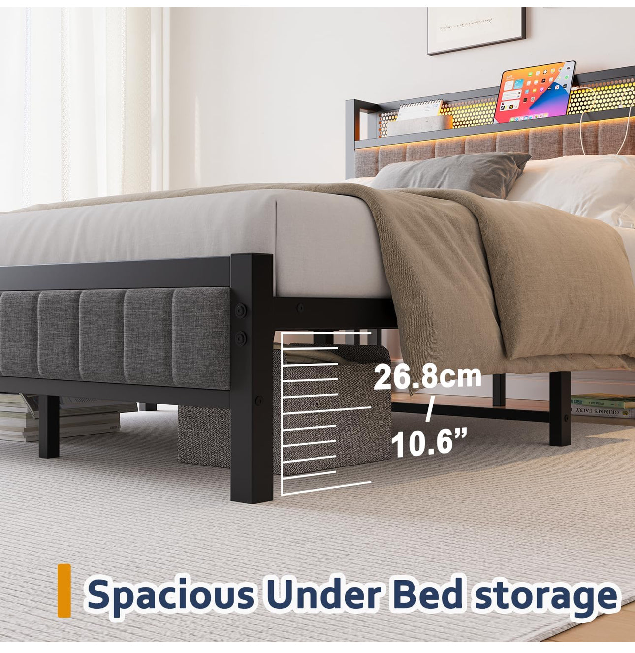 4ft6 Upholstered Bed Frame Double Bed with Charging Station