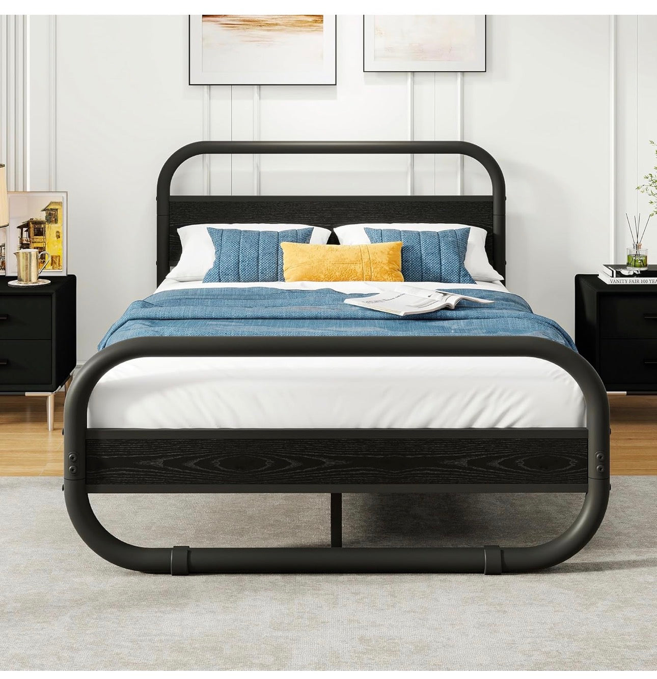 Double Size Bed Frame with Headboard,135x190 cm,Black | Oval-Shaped Platform Bed with Under-Bed Storage,Steel Slats Mattress Foundation Round Pipe Design,Enhanced Support Noise Free