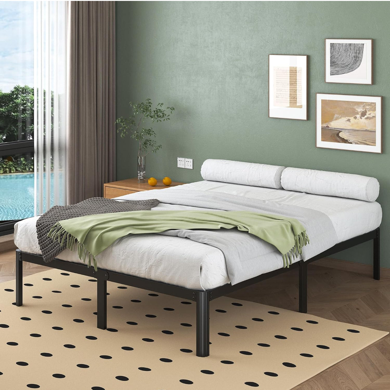 4ft6 Double Bed Frame 30.5 cm High with Rounded Corner Legs, Heavy Duty Metal Bed Frame