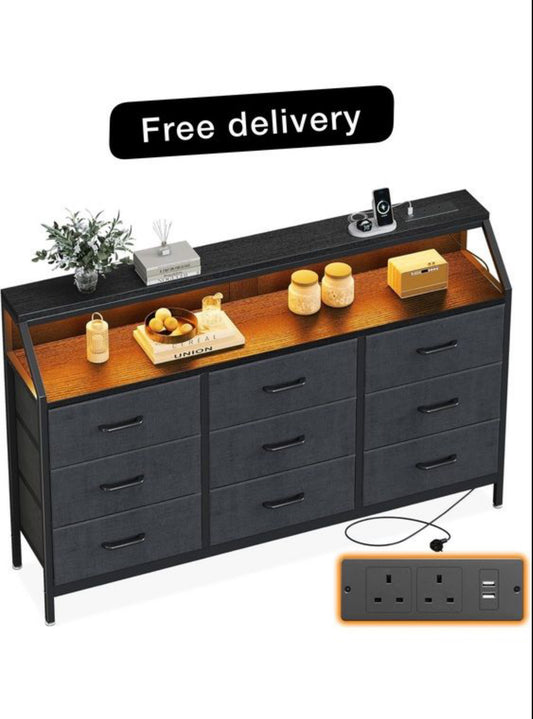 Black Chest of Drawers Bedroom with 9 Fabric Drawers, Storage Dresser with 2 Sockets 2 USB Ports and LED Light