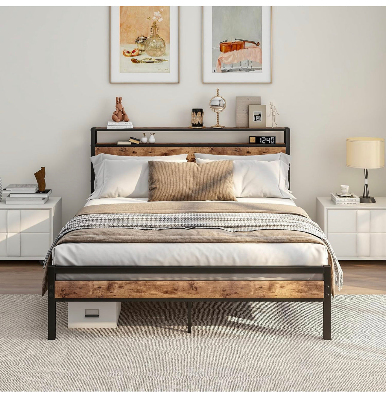 King Size Bed Frame with Storage Wooden Headboard