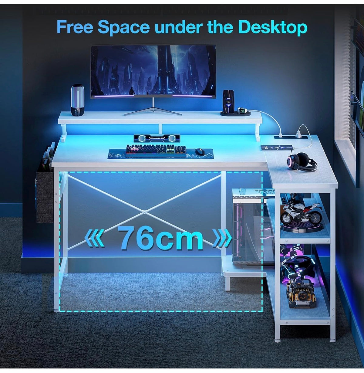 L Shaped Gaming Desk with LED Lights & Power Outlet, 100x70 cm