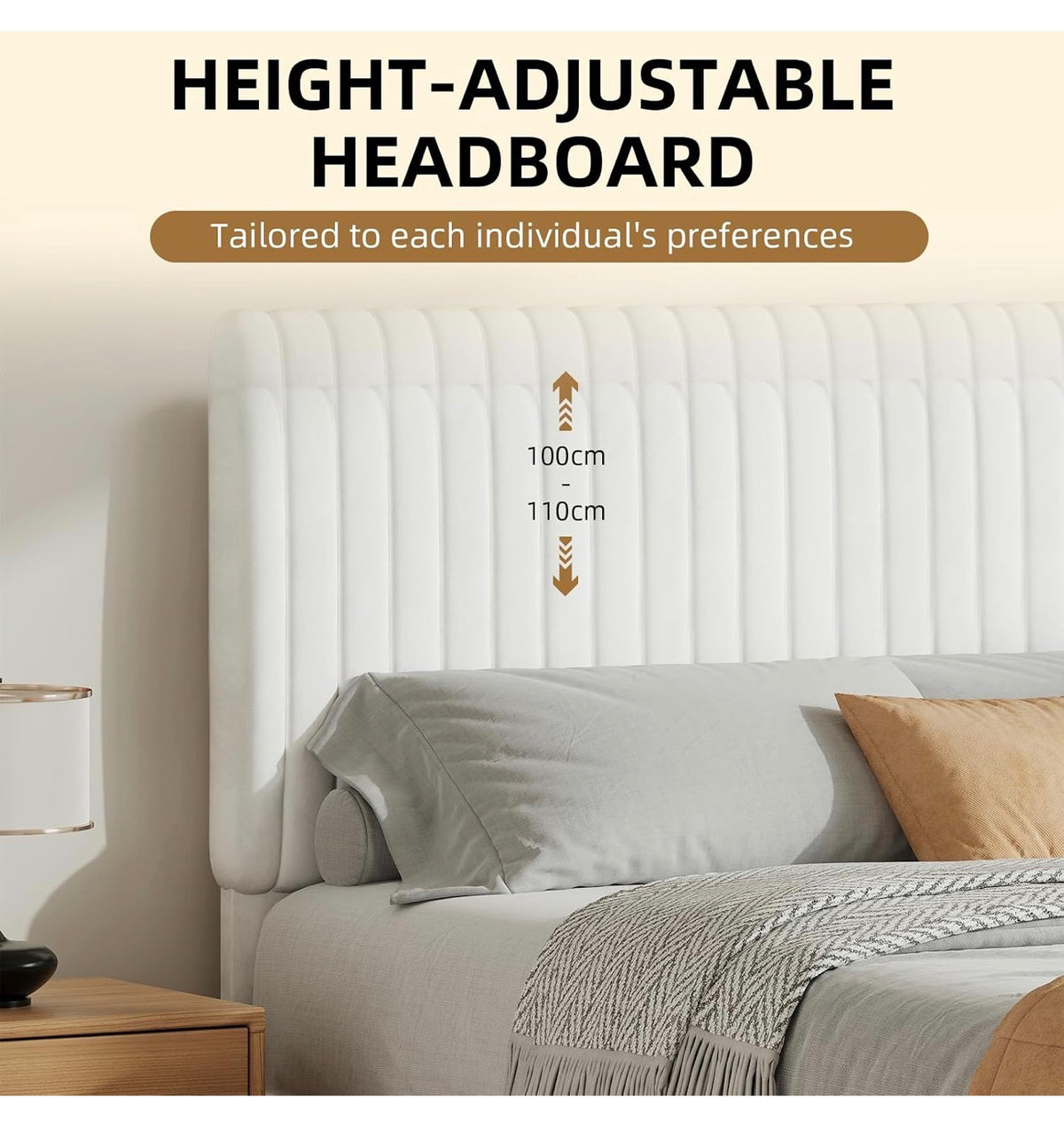 Double Bed Frame with Headboard, 135 X 190, White
Upholstered Bed, Velvet Headboard, Adjustable Height, Wooden Slat Support, No Box Spring Needed