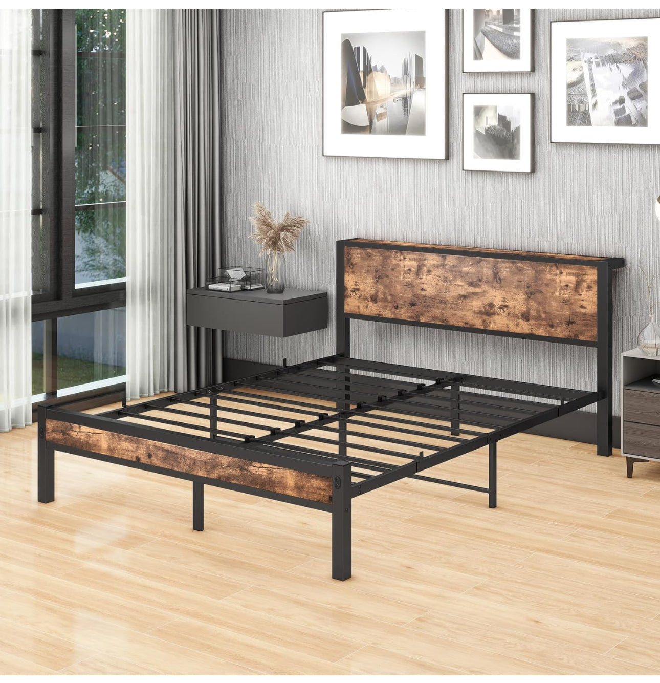 King Size Bed Frame with Storage Wooden Headboard
