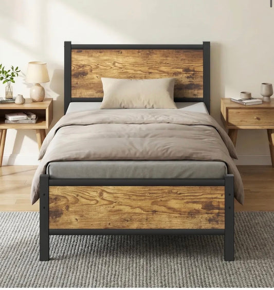 Single Bed Frame with Wooden Headboard