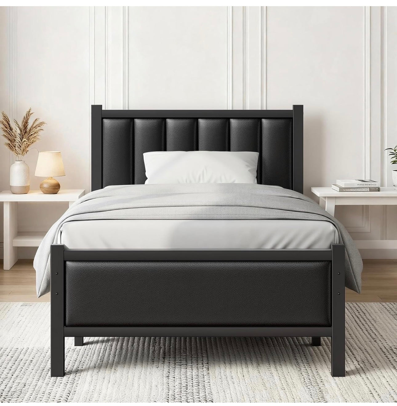 Single Bed Frame with Upholstered Headboard