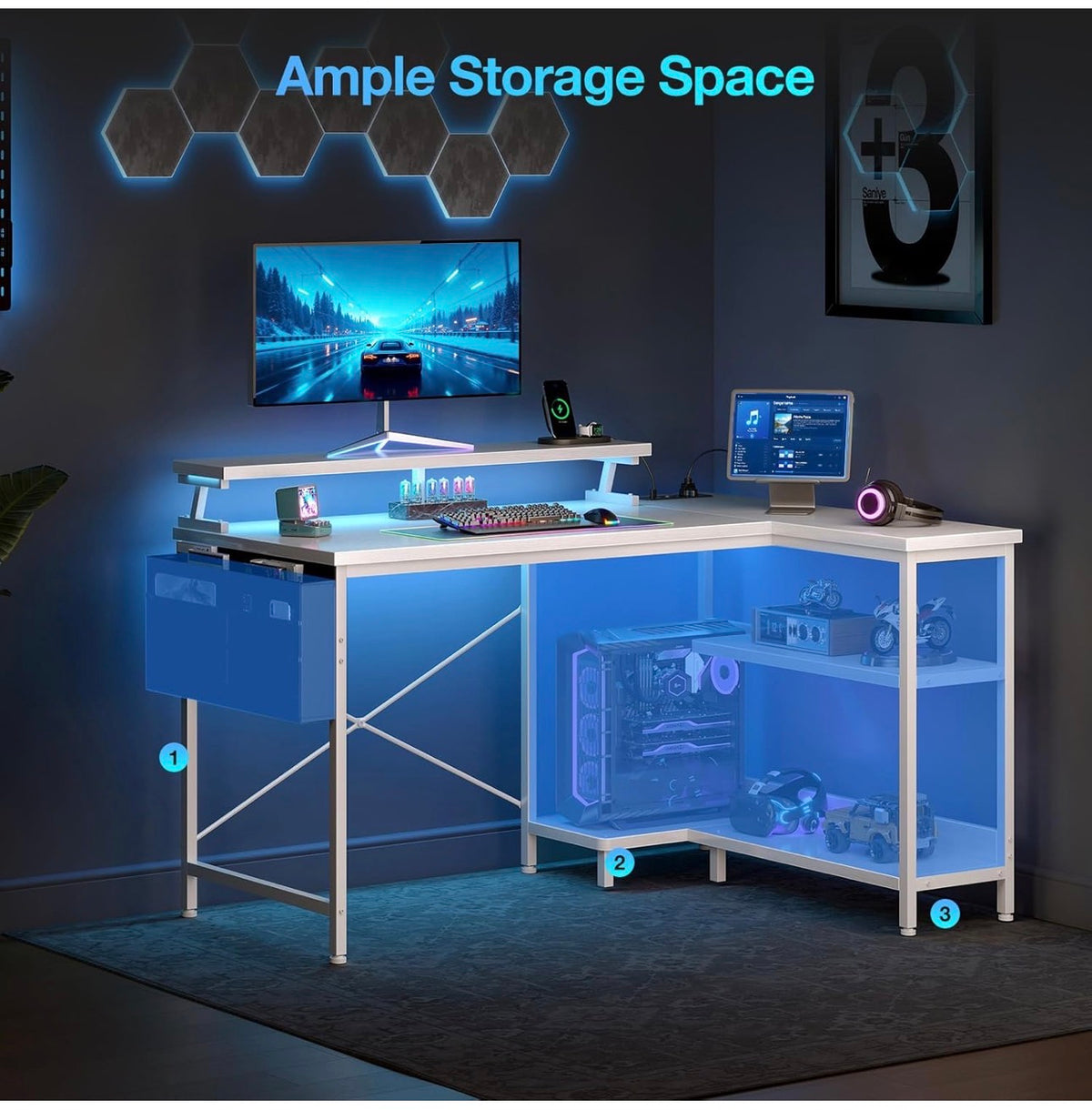 L Shaped Gaming Desk with LED Lights & Power Outlet, 100x70 cm