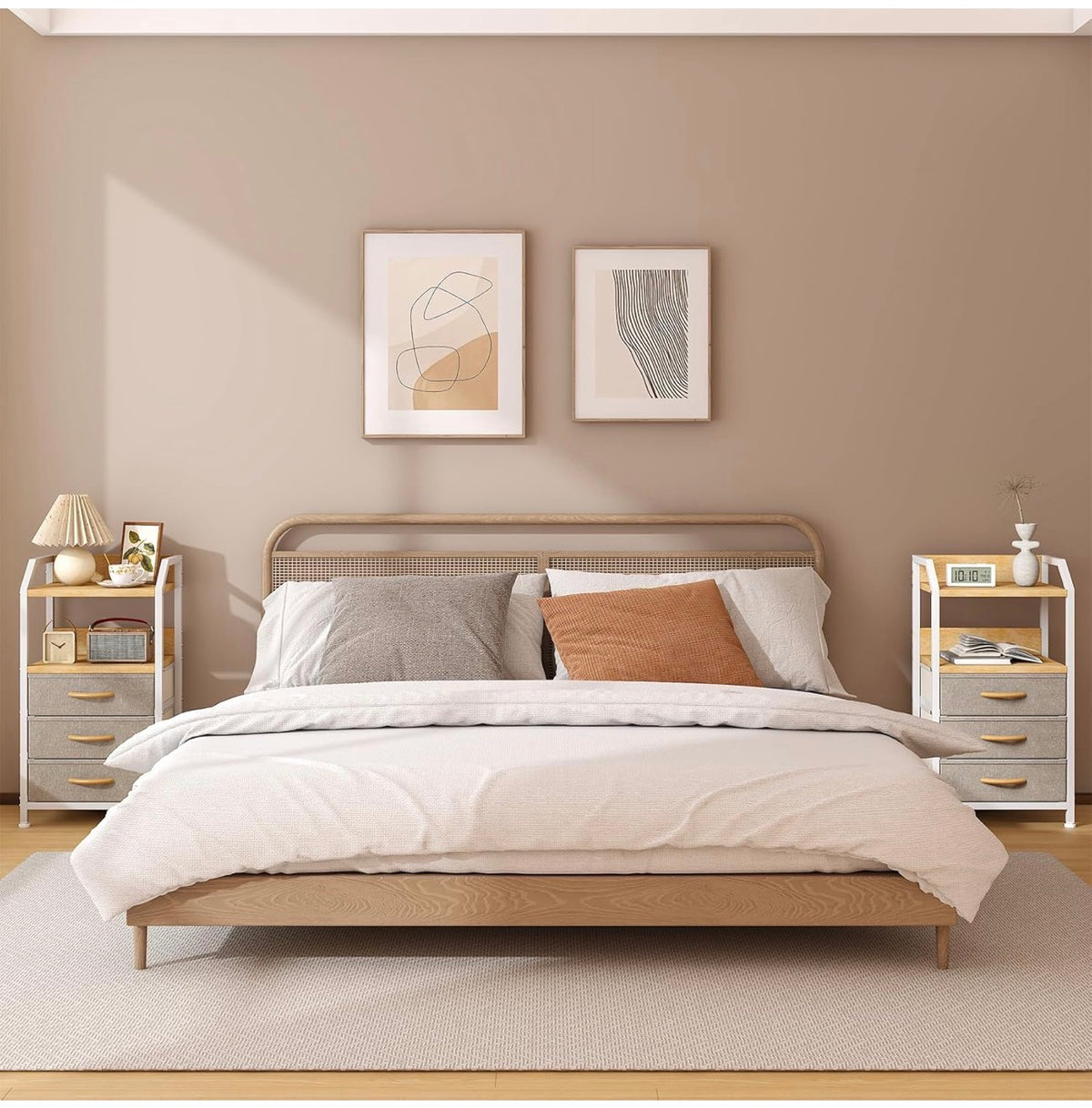 Bedside Table with 3 Fabric Drawers and Open Shelf, Nightstand for Bedroom, Living Room, Small Spaces – Metal Frame & Wooden Top, Compact Sofa End Table with Storage for Home Décor, Khaki