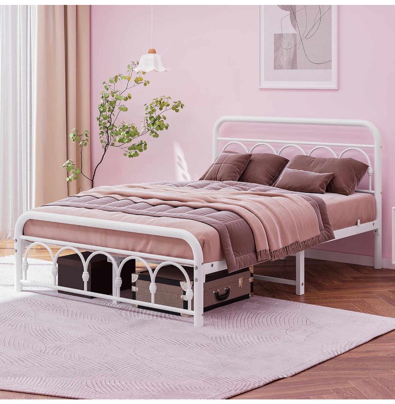 4ft6 Double Bed Frame with High Headboard and Footboard,Vintage Platform Bed Double