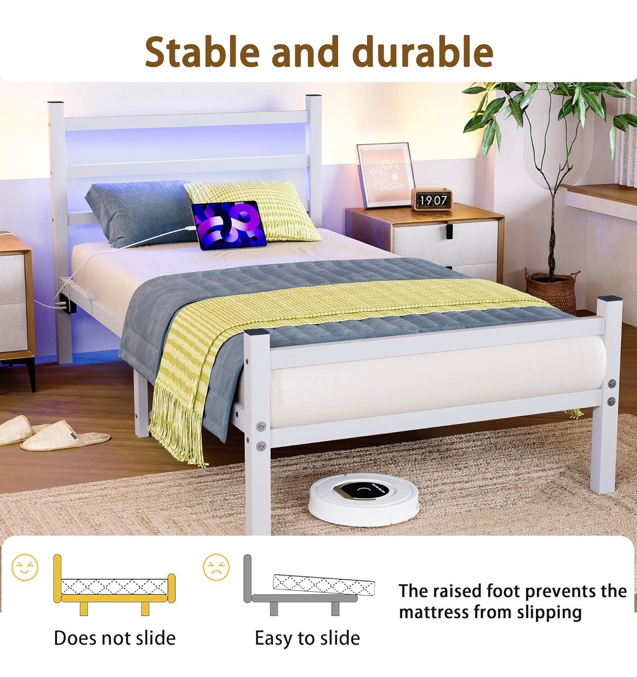 Single Bed Frame with Headboard&LED Lights,Heavy Duty Metal Platform Bed Frame Single with Charging Station,3ft Bed Base with Strong Slats Support,UnderBed Storage,Easy Assembly,White