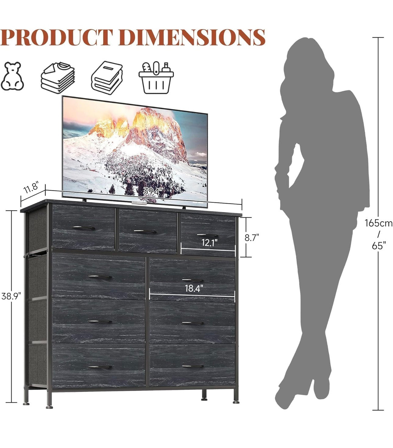 Chest of Drawers,Dresser for Bedroom with 9 Drawers,Fabric Dresser with Wood Top and Handles Metal Frame, Easy to Assemble, for Bedroom, Living room, Charcoal Black