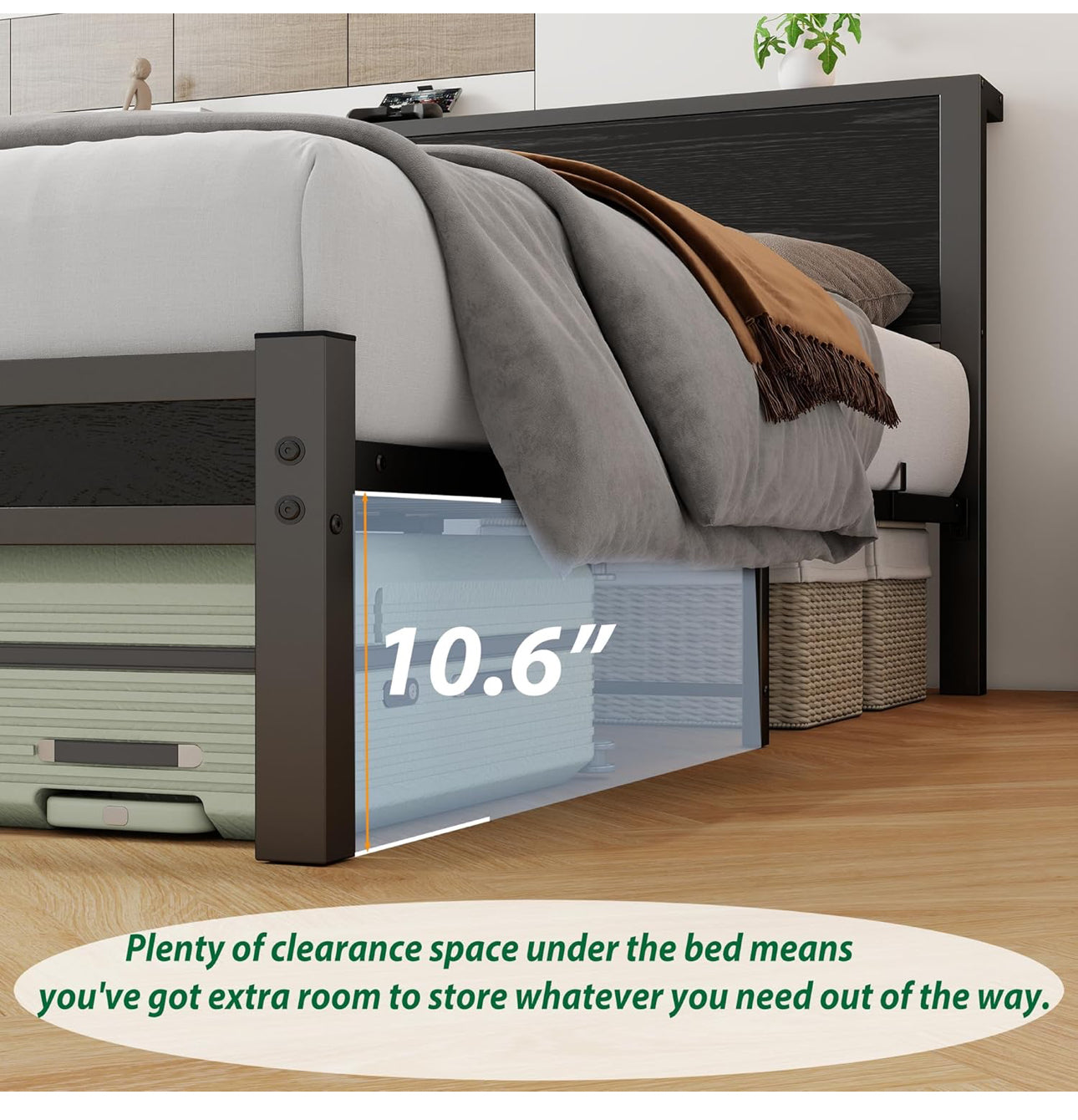 King Size Bed Frame with Storage Wooden Headboard