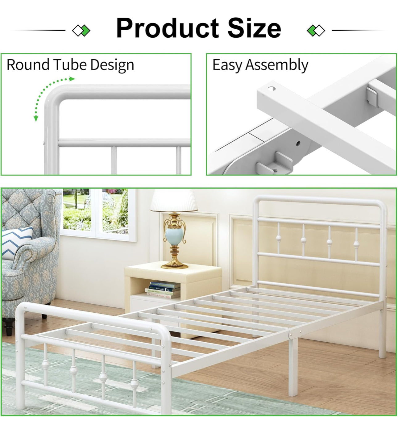 Single Bed Frame 3ft with Headboard and Footboard, Single Metal