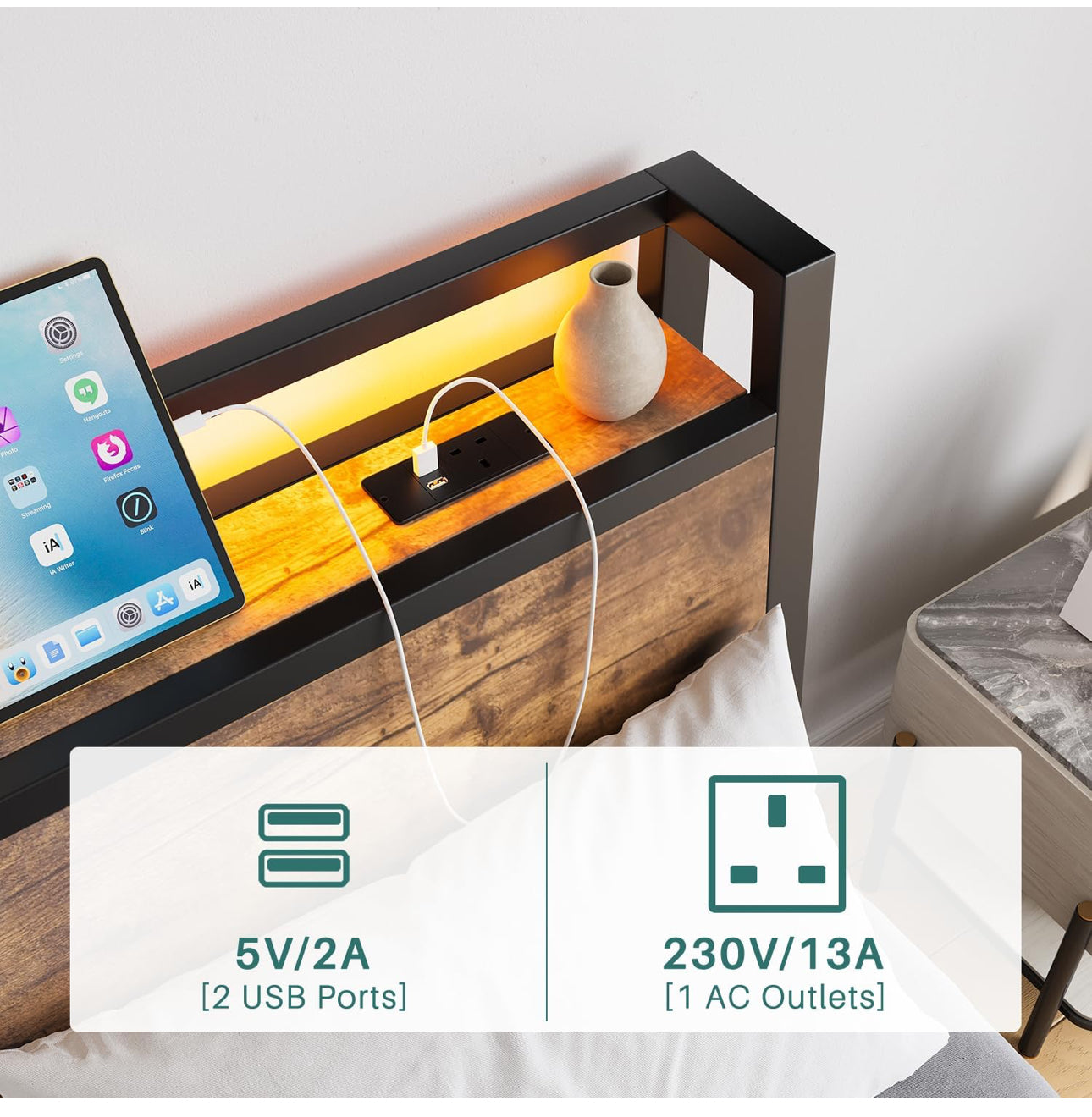 Double Size Bed Frame with Charging Station and LED
