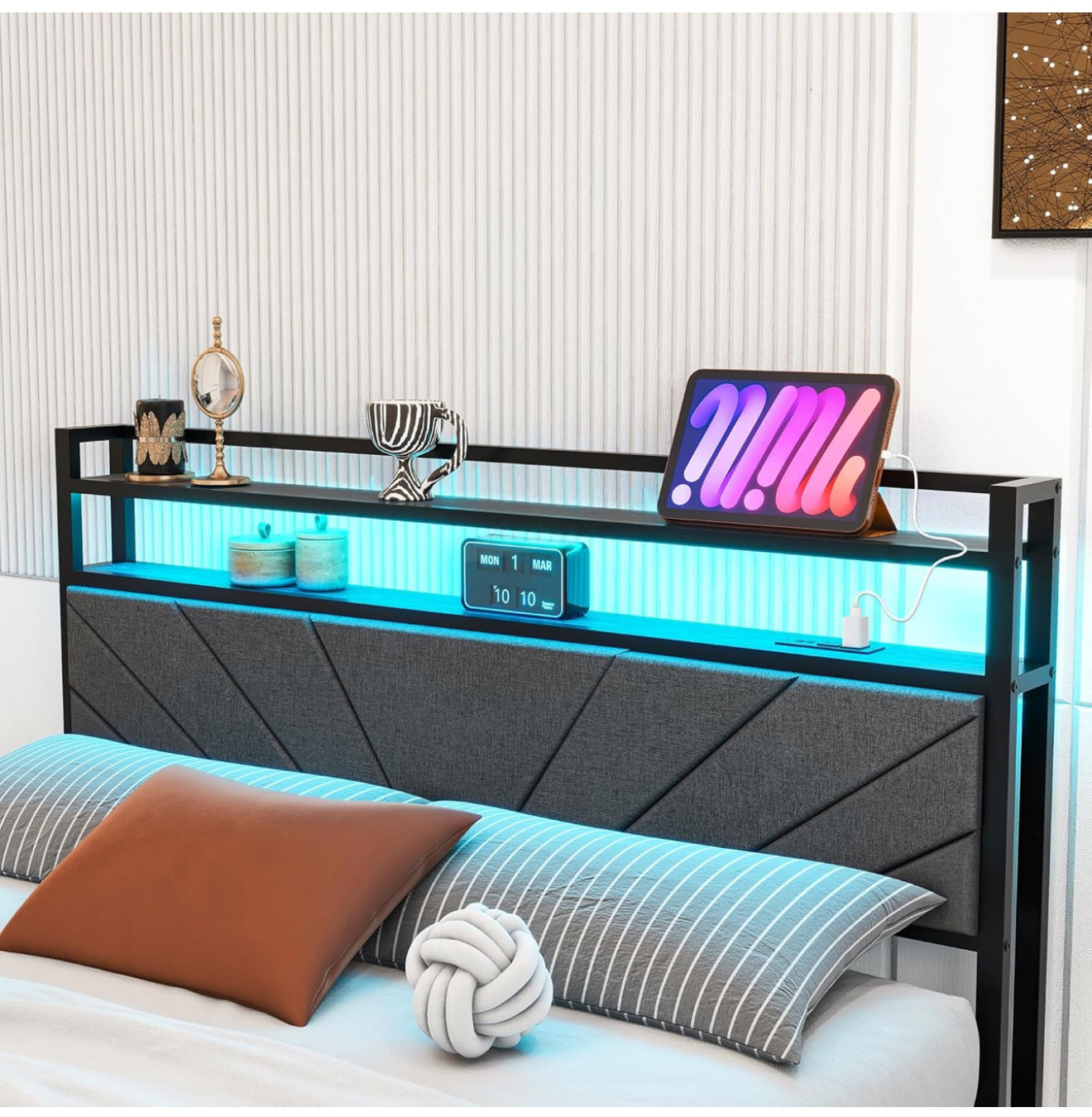 King Size Bed Frame with LED Lights Storage