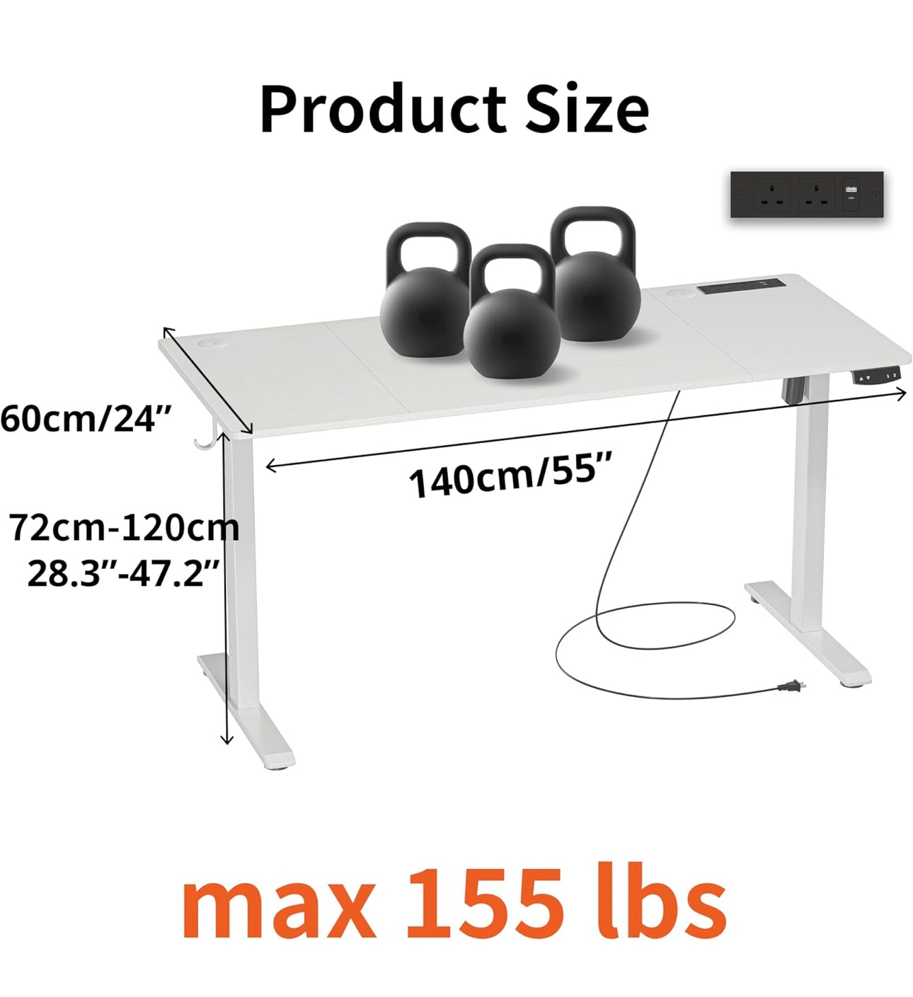 Height-Adjustable Desk, Memory Height, Standing Desk, with Outlets and USB & Tpye-C