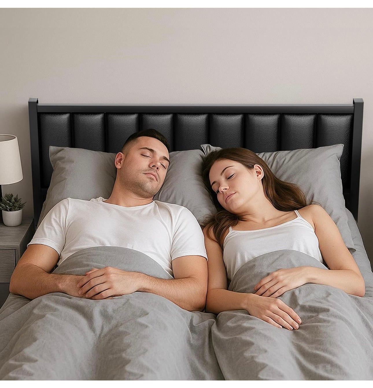 Double Bed Frame with Upholstered Headboard, 4ft6 Metal Beds with Heavy Duty Steel Slats Support Platform, Black Double Bed with Storage, Noise Free, Easy Assembly, No Box Spring Needed