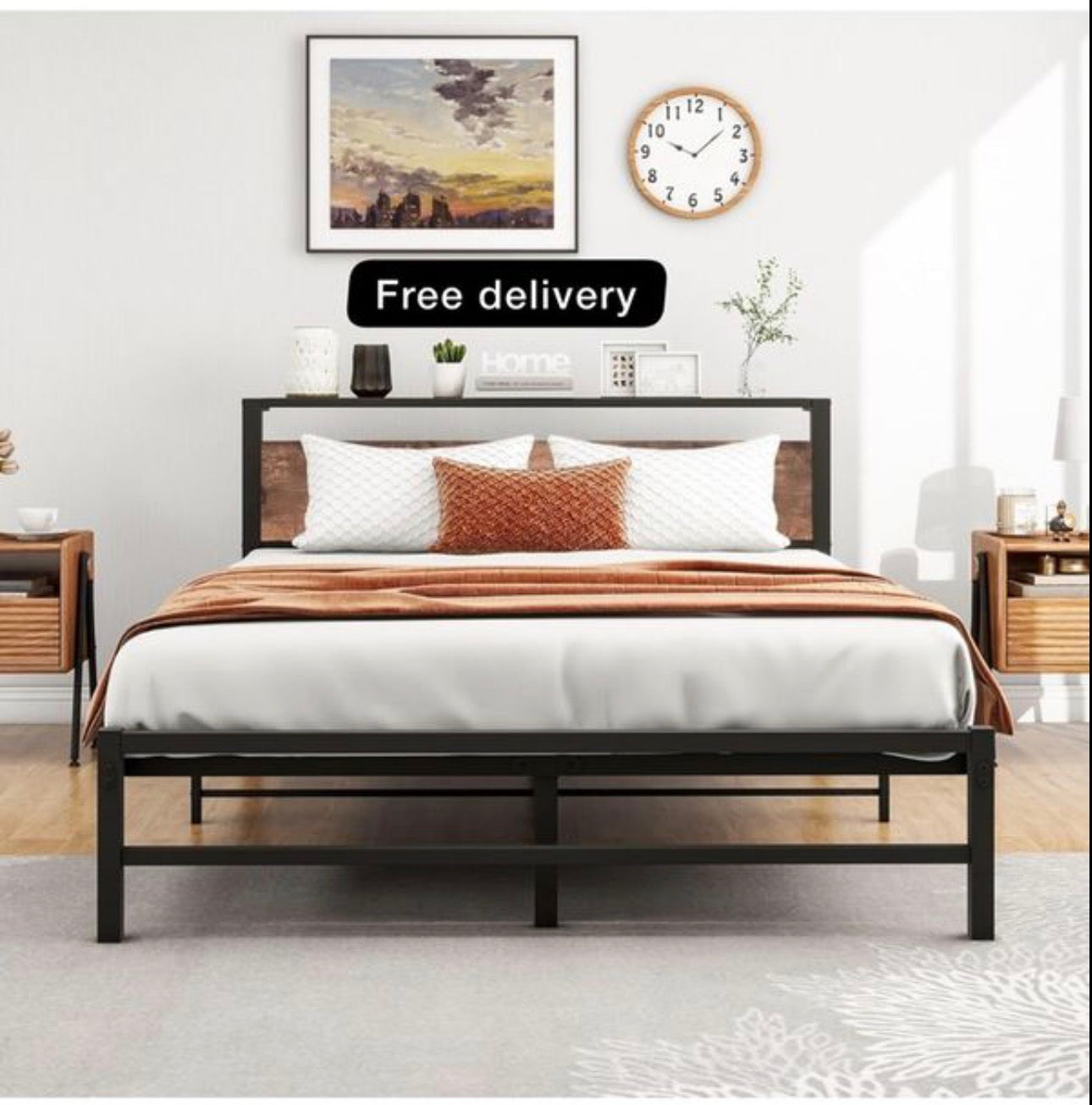5ft King Metal Platform Bed Frame with Wooden Storage Shelf Headboard, 150x200 cm