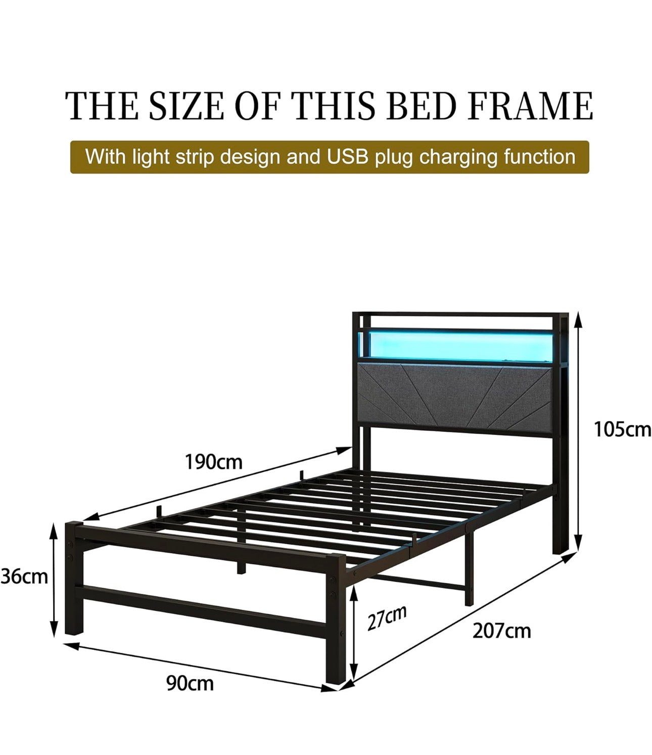 3ft Single Size Bed Frame with LED Lights Storage Upholstered Headboard and Charging Station