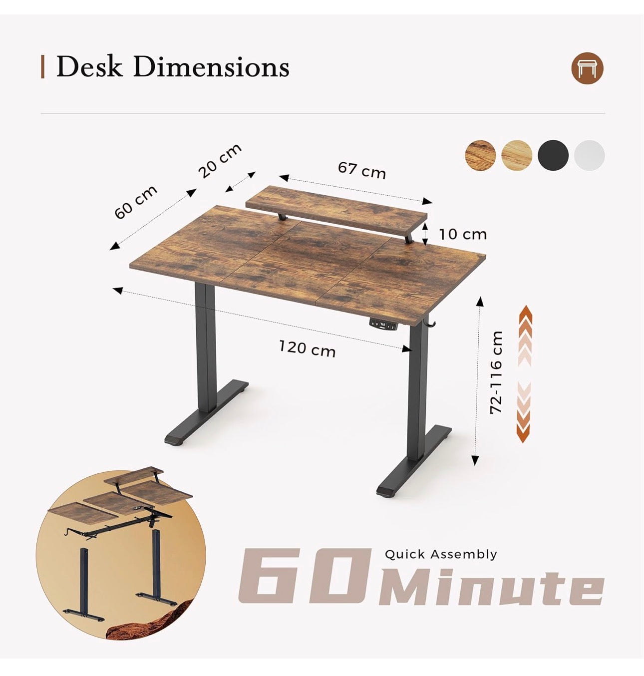 120 x 60 cm Sit-Stand Desk with 2 Memory Buttons