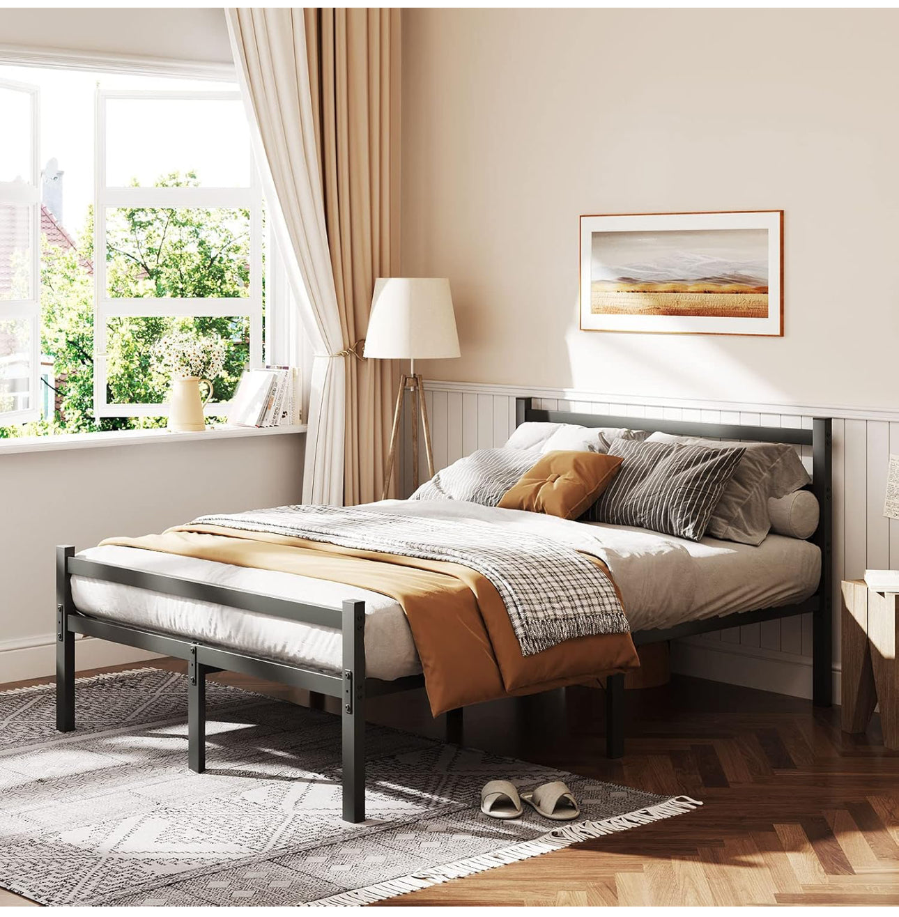4ft6 Double Bed Frame with Headboard, Black Metal