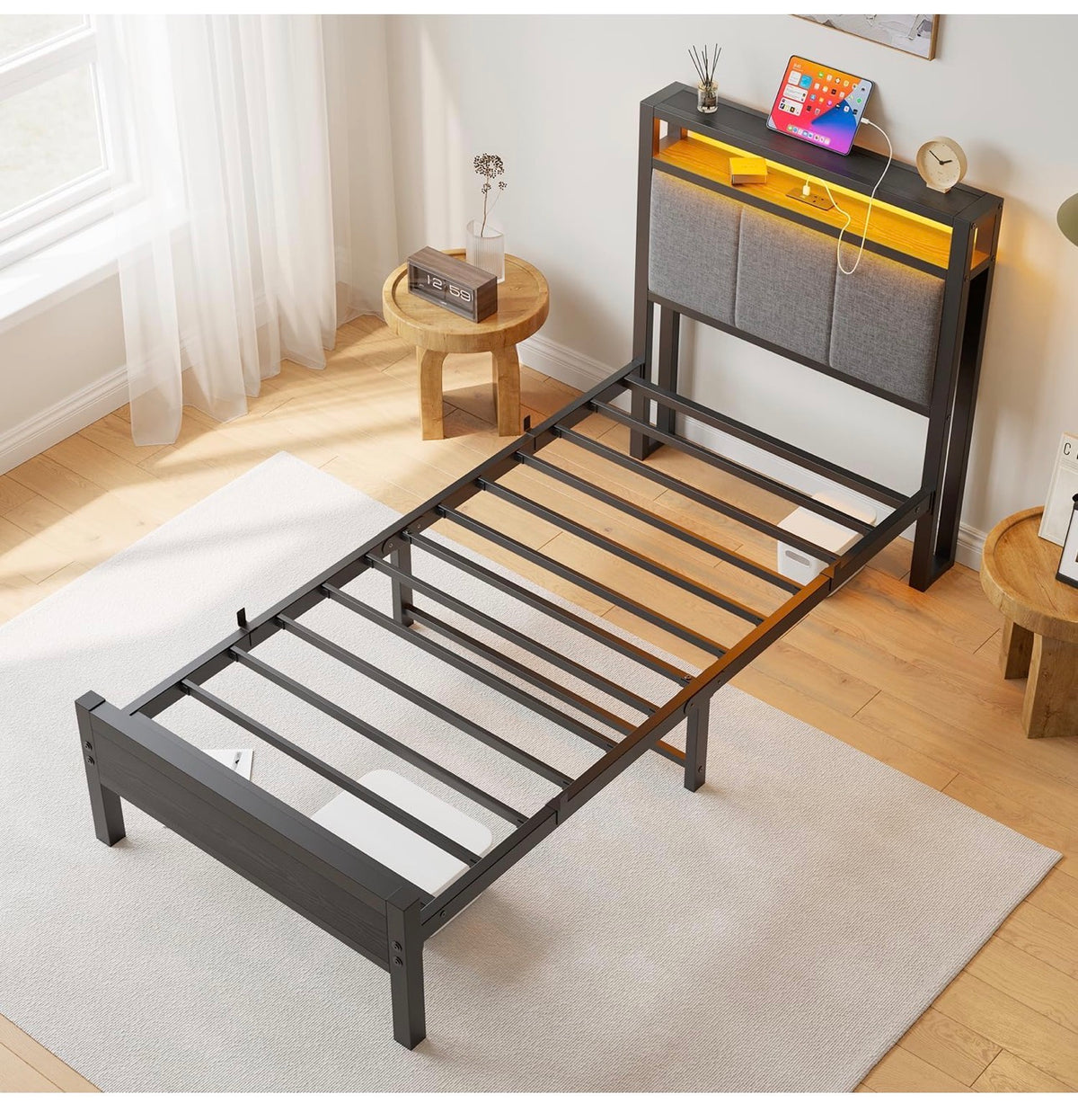 3FT Single Bed Frame with Storage Headboard, Black
Metal Single Bed with Upholstered Headboard, LED Lights and Charging Station, Heavy Duty Metal Slats Support,Easy Assembly