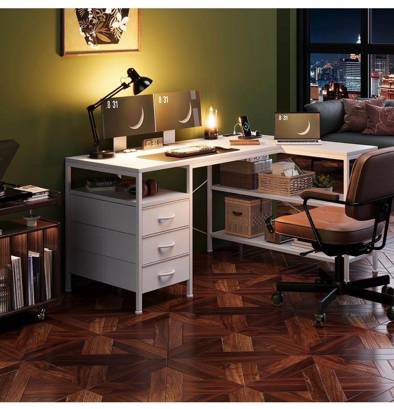120cm Corner Desk with Drawers, Reversible L shaped Computer Desk with Power Outlet, Home Office Desk with USB Charging Port, White