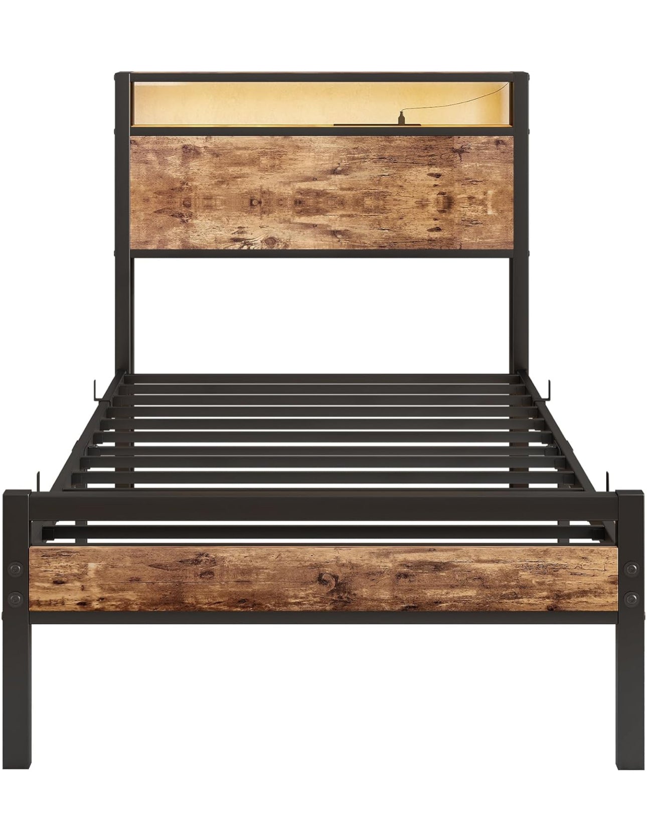 Single Bed Frame with Storage Shelf Headboard &amp; LED Lights,Metal Platform Bed Frame with Charging Station