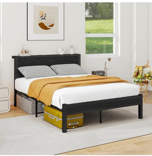 Double Bed Frame with Wooden Storage Shelf Headboard
