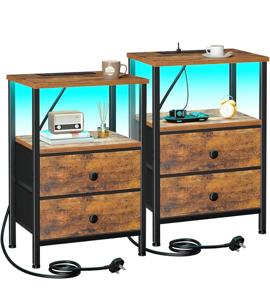 Bedside Tables Set of 2, Side Table with Charging Station
Bed Side Tables with LED Light, Nightstand with 2 Fabric Drawers and Open Storage Shelf, Bedside Cabinets for Bedroom, Brown