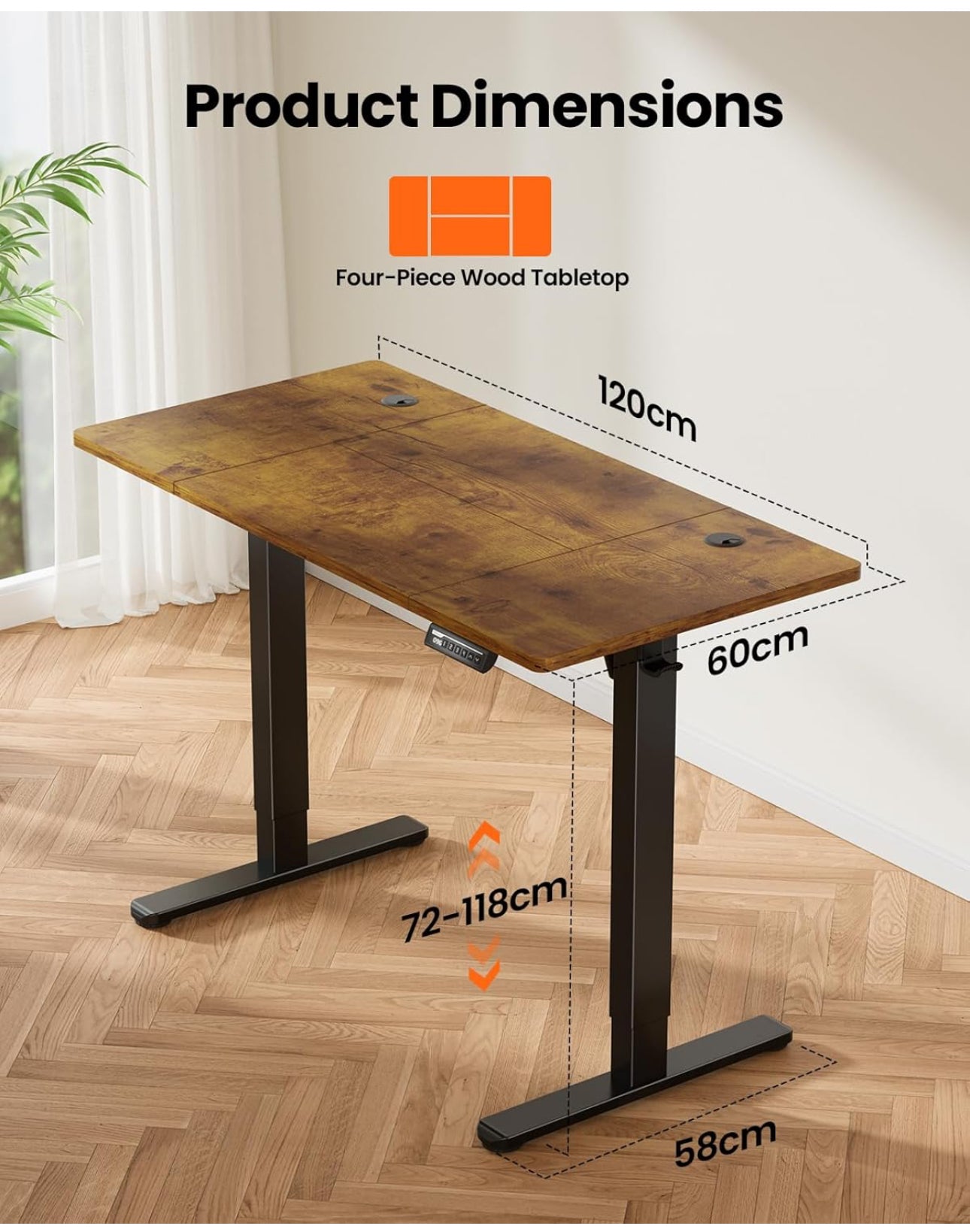 Electric Standing Desk Height Adjustable 120 x 60cm, Sit Stand Desk with 4 Memory Smart Pannel, Home Office Desk with Splice Board