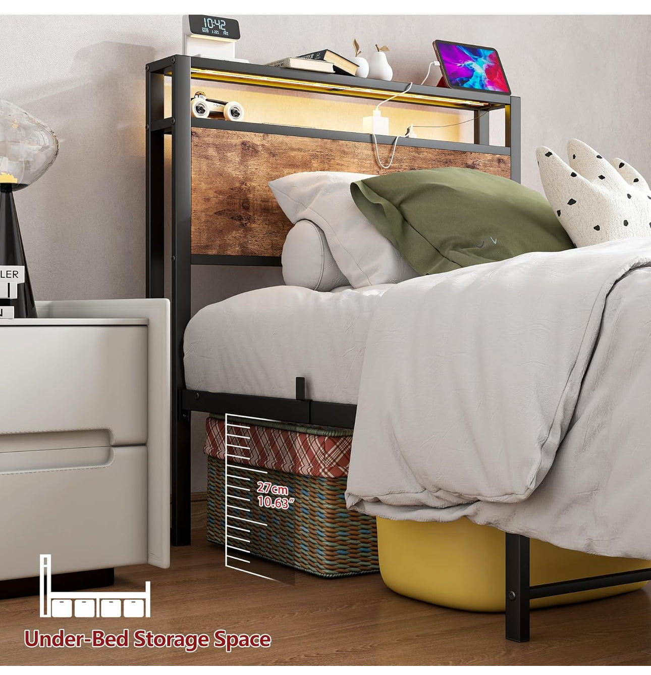 Single Bed Frame with Storage Shelf Headboard &amp; LED Lights,Metal Platform Bed Frame with Charging Station